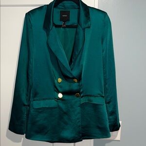 Forever 21 Teal Satin Double-Breasted Blazer with Gold Buttons